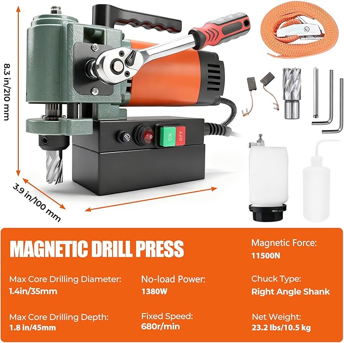 1380W Low Profile Magnetic Drill Press with 3/4" Annular Cutter, 2585lbf 680RPM Powerful Drilling Machine, 1.4" Boring Diameter Portable Mag Drill Press for Metal Surface Industrial & Home Improvement
