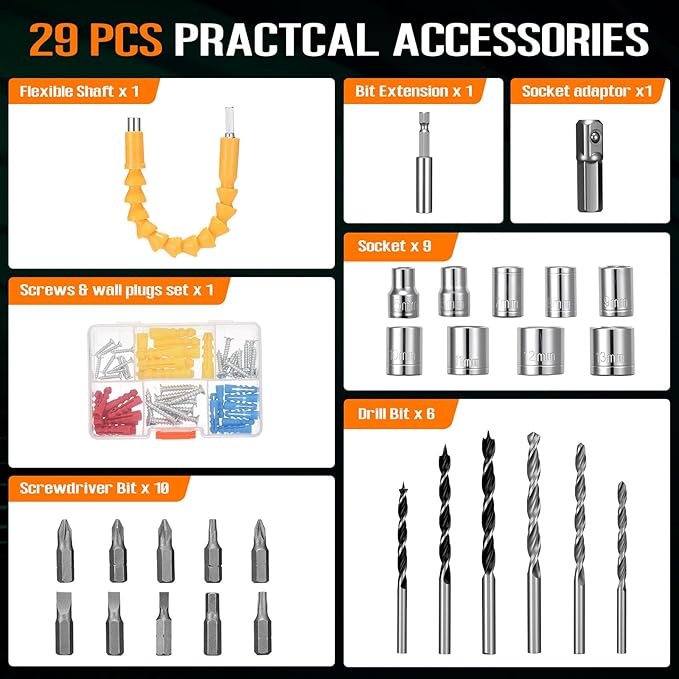 WORKBLESS 21V Power Drill Set, Cordless Drill with Battery and Charger, 3/8'' Keyless Chuck, Variable Speed, 18+1 Torque Setting and 28pcs Bits Tool Set(Orange, 1 Battery)