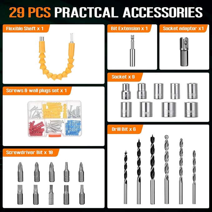 WORKBLESS 21V Power Drill Set, Cordless Drill with Battery and Charger, 3/8'' Keyless Chuck, Variable Speed, 18+1 Torque Setting and 28pcs Bits Tool Set(Orange, 1 Battery)