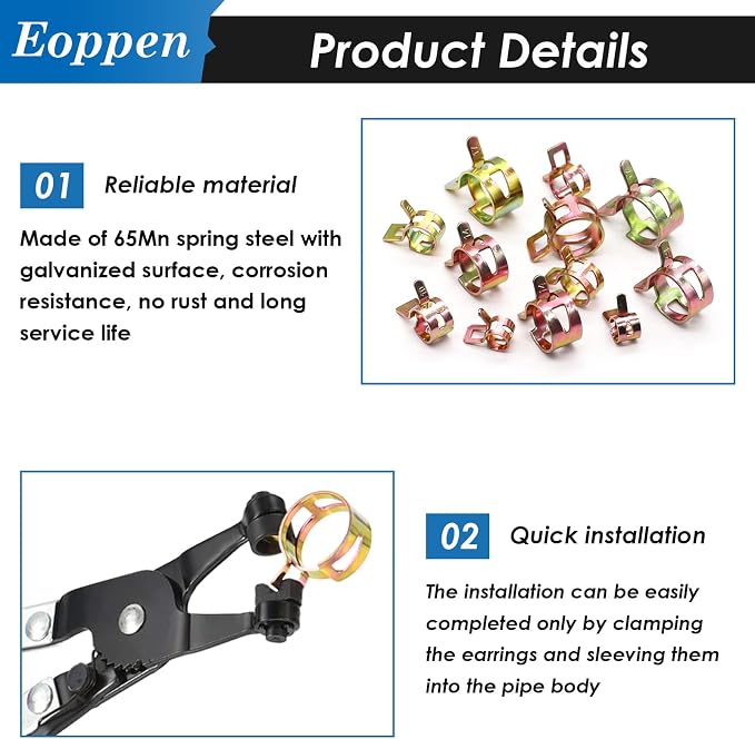 140Pcs 6-22mm Spring Band Hose Clamps Assortment Kit with Swivel Flat Band Fuel Hose Clamp Plier - 12 Sizes Fuel Line Silicone Vacuum Hose Low Pressure Air Clamps