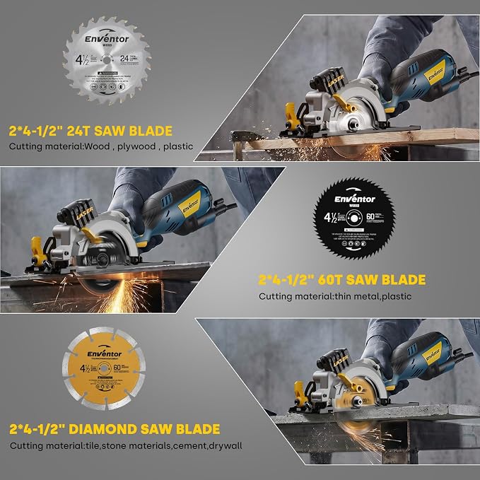 Enventor Mini Circular Saw, 5.8A 4-1/2" Electric Circular Saws with 6 Saw Blades, Laser Guide, 3,500RPM Max Cutting Depth 1-11/16"(90°), 1-1/8"(45°) for Soft Metal, Wood, Tile Cutting