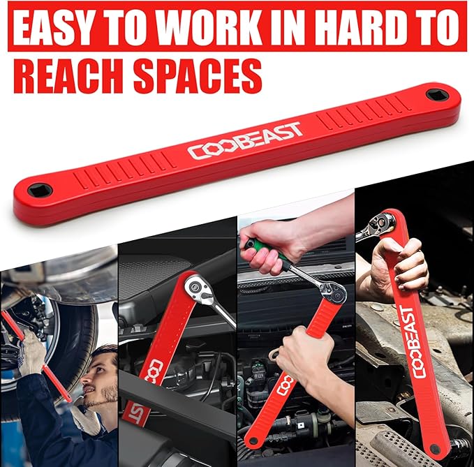 coobeast Red Offset Extension Wrench Impact Ready Socket Wrench Extender Tool with Versatile 1/4", 3/8", and 1/2" Square Drive Adapters, Universal Extensions Wrench for Small Place