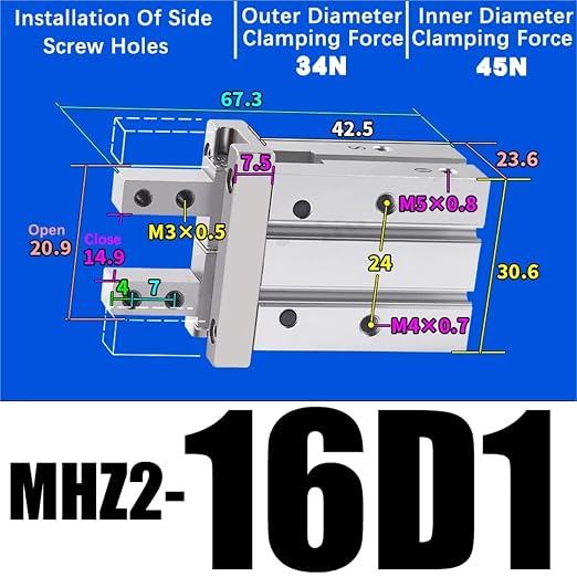 1PCS MHZ2 Pneumatic Finger Cylinder Parallel Gripper MHZ2-10/16/25/32/40D1/D2/D3 Side Thread Aluminium Clamps(MHZ2-16D1)
