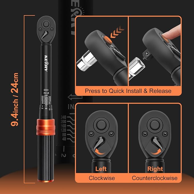 Kerry 1/4 Inch Drive Click Torque Wrench, 20-240 in-lb/2.3-27.1 Nm | ±3% Accuracy, Dual Scale, 72-Tooth Reversible Ratchet, Quick Release and Locking Adjustment with Case for Bicycle Maintenance