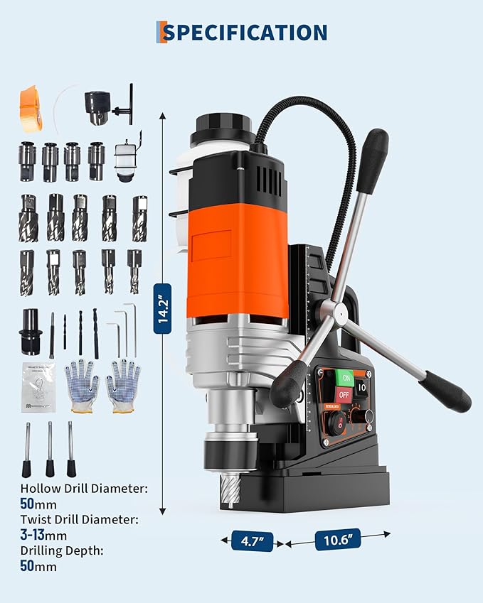 Magnetic Drill Press, 1850W 2" Boring Diameter, 2922Lbf Power Magnetic Drill, 810 PRM, Variable Speed with Reversible, Portable Drill Press with 10Pcs Drill Bits 3Pcs Twist Drill and 1Pcs Plastic Box
