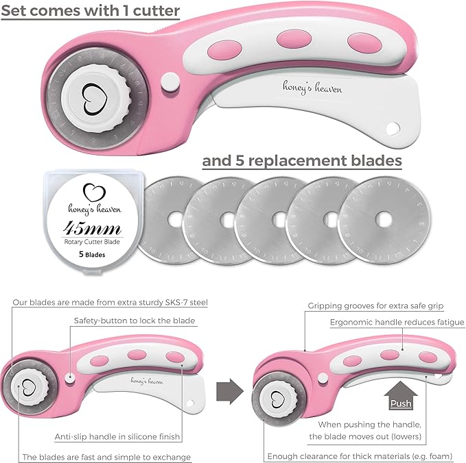 Rotary Cutter Set pink - Quilting Kit incl. 45mm Fabric Cutter, 5 Replacement Blades, A3 Cutting Mat, Acrylic Ruler and Craft Clips - Ideal for Crafting, Sewing, Patchworking, Crochet & Knitting y