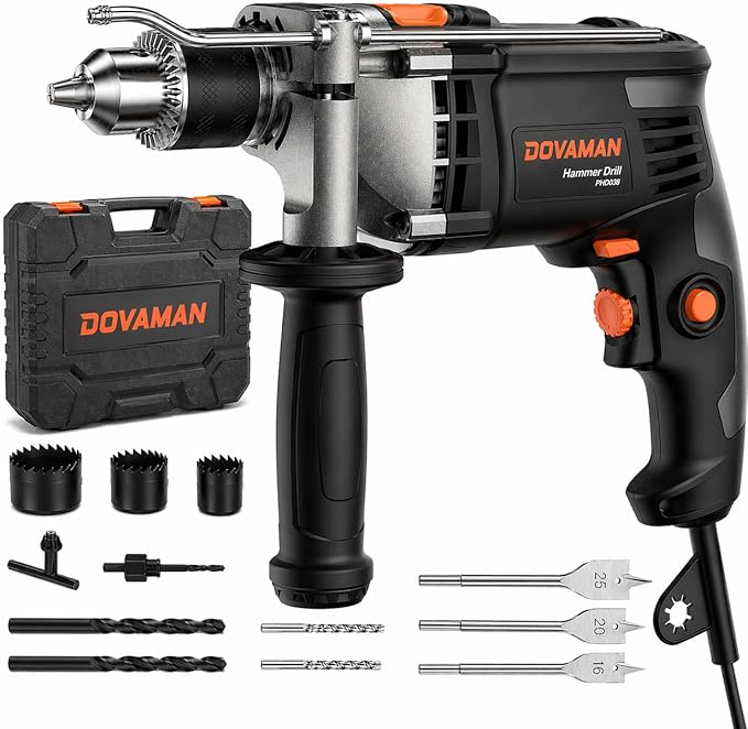 DOVAMAN 7.5A Corded Hammer Drill, 1/2'' Impact Drill with Variable Speed 0–3000RPM, Metal Chuck, 2 Modes for Concrete, Wood, Metal – Includes Bits & Carrying Case-PHD03B