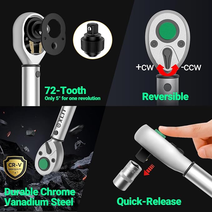 3/8" Drive Click Torque Wrench, 5-45 Ft-Lb/6.8-61Nm Dual-Direction Adjustable 72 Tooth Ratchet, ±3% Accuracy Precisio Low Torque Wrench for Spark Plugs, Bike, Motorcycle and Car Repair