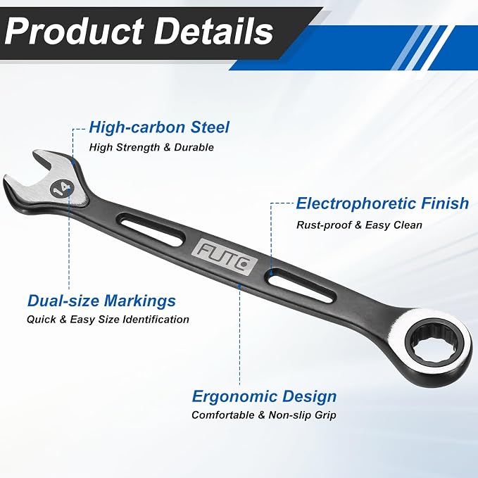 HARFINGTON Ratcheting Combination Wrench 14mm Stubby Wrench Metric High Carbon Steel Double 12-Point Box Open-Ended Ratchet Spanner Tool for Household Garage Workshop Auto Repairs, Black