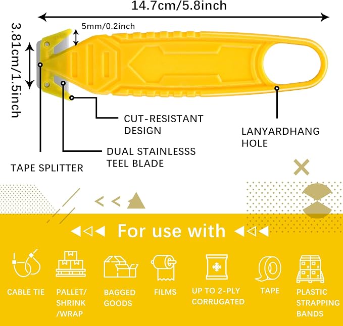 Therwen Safety Box Cutter Knife of Stainless Steel Concealed Blade Package Opener with Tape Splitter for Carton Cardboard Wrap Letter Work Bag Straps Film Utility Tool(Yellow,30 Pcs)