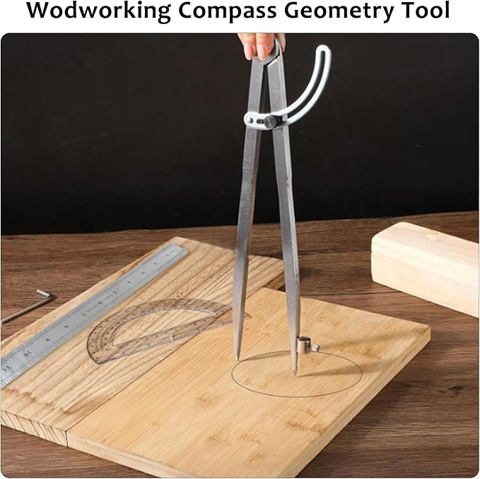 Compass Geometry Tool, Drawing Compass, Professional 12 Inch Large Compass with Wing for Woodworking, 6 Inch Protractor, 12 Inch Ruler for Carpenter, Drafting
