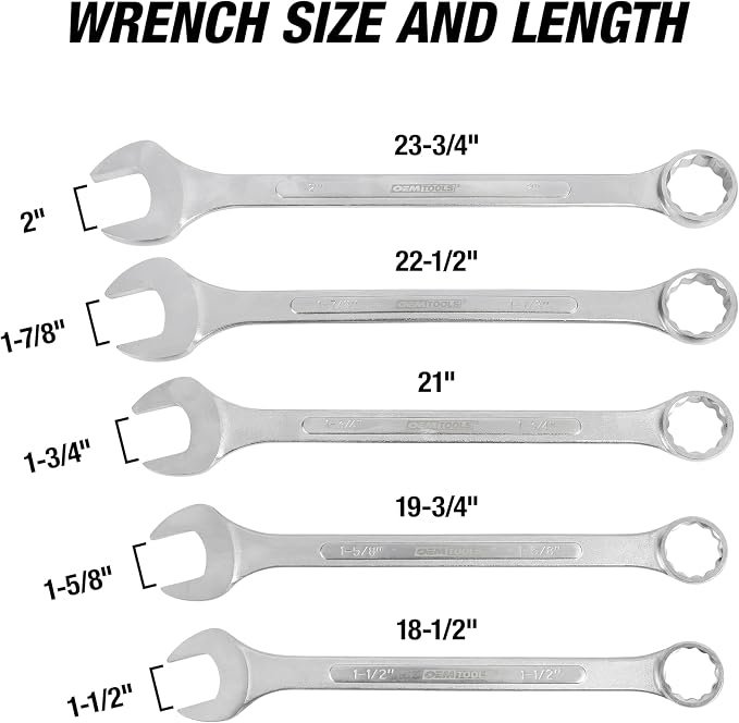 OEMTOOLS 22101 5 Piece SAE Jumbo Combination Wrench Set, Large Combination Wrench Set, SAE Sizes | Box End Metric Wrench Set, 15° Offset Wrenches, Chrome Plated Finish, Includes Canvas Wrench Roll, Drop-Forged Alloy Steel