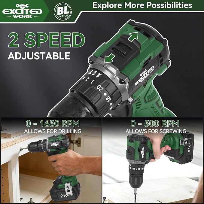 21V Brushless Power Drill Cordless, LAZYLAND 80Nm Electric Impact Drill Set with Dual 3.0Ah Batteries, 2 Variable Speed, 21+3 Torque Setting and LED Work Light for Home Repairing DIY, Green