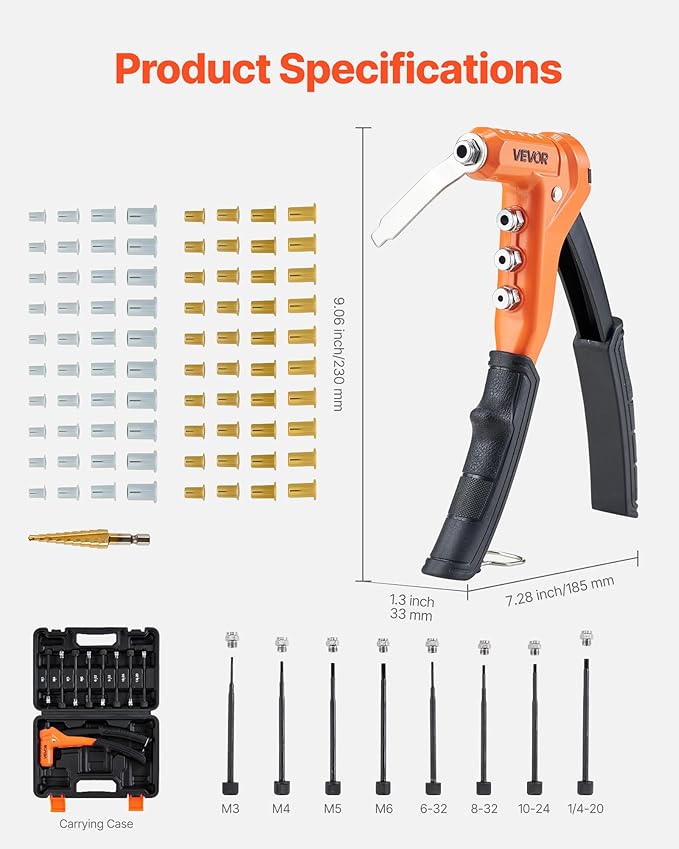 VEVOR Rivet Nut Tool Kit, 9-Inch One-Handed Rivnut Tool Kit, with 8 Mandrels, a Step Drill Bit and 80 Nuts, Metric and SAE Size M3, M4, M5, M6, 6-32, 8-32, 10-24, 1/4-20 UNC, with a Carrying Case