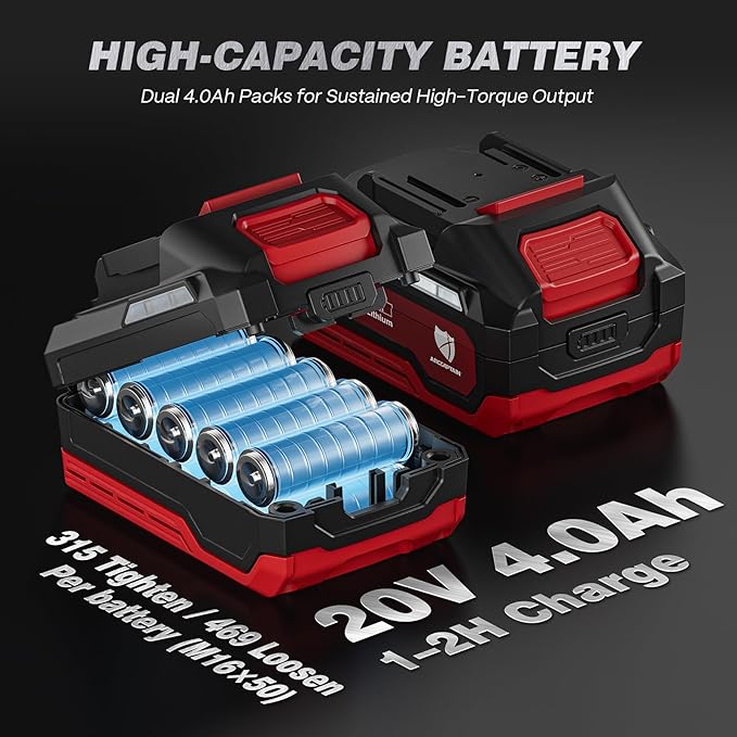 ARCCAPTAIN Cordless Impact Wrench, 1500N.m (1106Ft-lbs) 1/2" High Torque Impact Gun, 15C High-Rate 2x4.0Ah Batteries, 20V Power Impact Driver, Supports Up to 40mm Socket for Heavy Truck/Car/Pickup