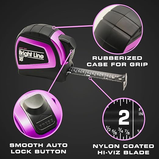 Perfect Measuring Tape - Pink BrightLine High Contrast EasyRead Tape Measure for Low Light (Dark Mode) - Rubber Case 18ft (Inch Fractions) Dual Sided Auto Lock Tape Measure Retractable (Pink)