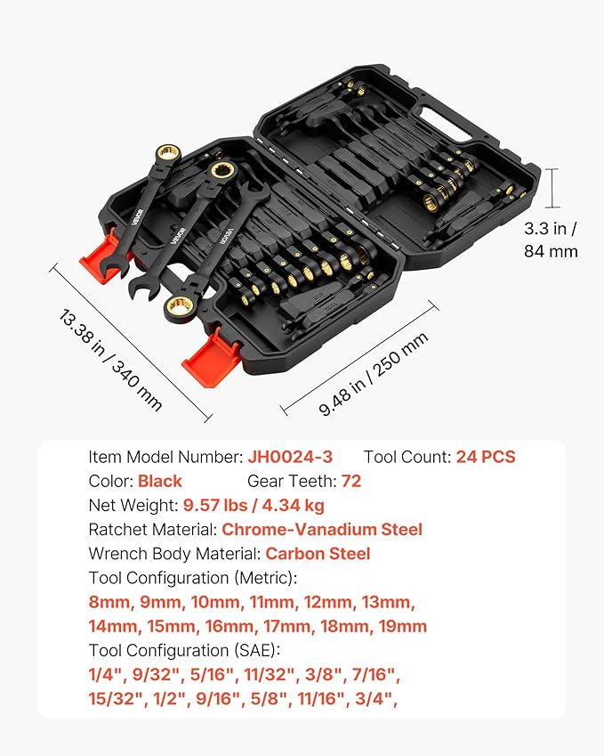 VEVOR 24-piece Ratcheting Wrench Set with 180° Flex Head, Anti-Slip Tooth, Combination Wrench Sets with Organizer Box, Metric 8-19mm & SAE 1/4-3/4", Black Electrophoretic Coating