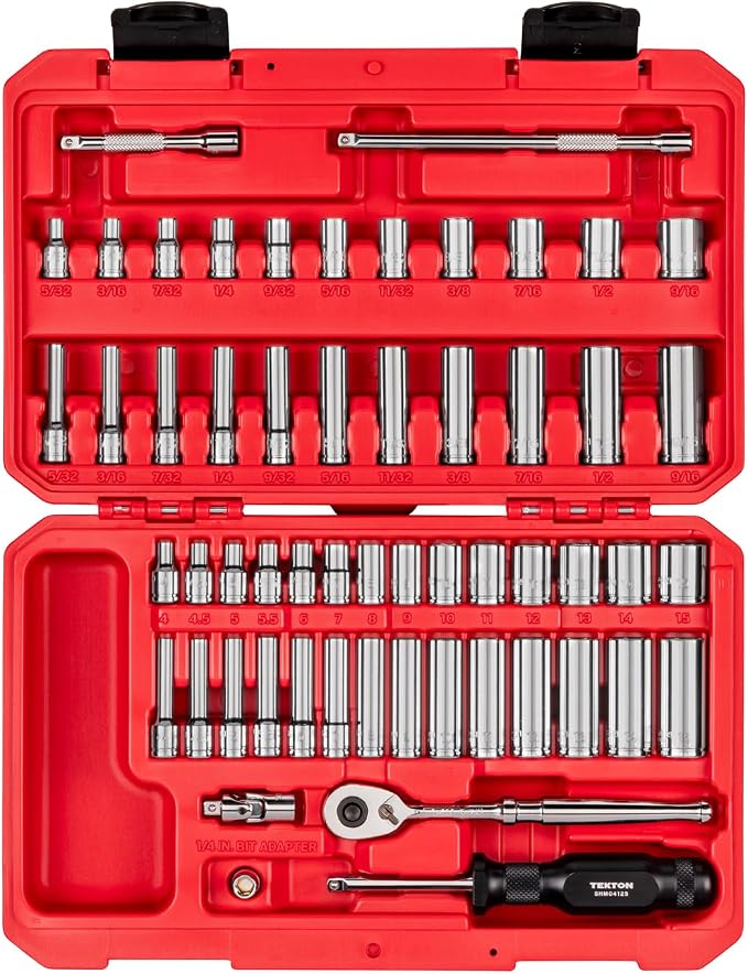 TEKTON 1/4 Inch Drive 12-Point Socket and Ratchet Set, 56-Piece | SKT05304 | (5/32 - 9/16 in., 4 - 15 mm), Shallow and Deep, Case