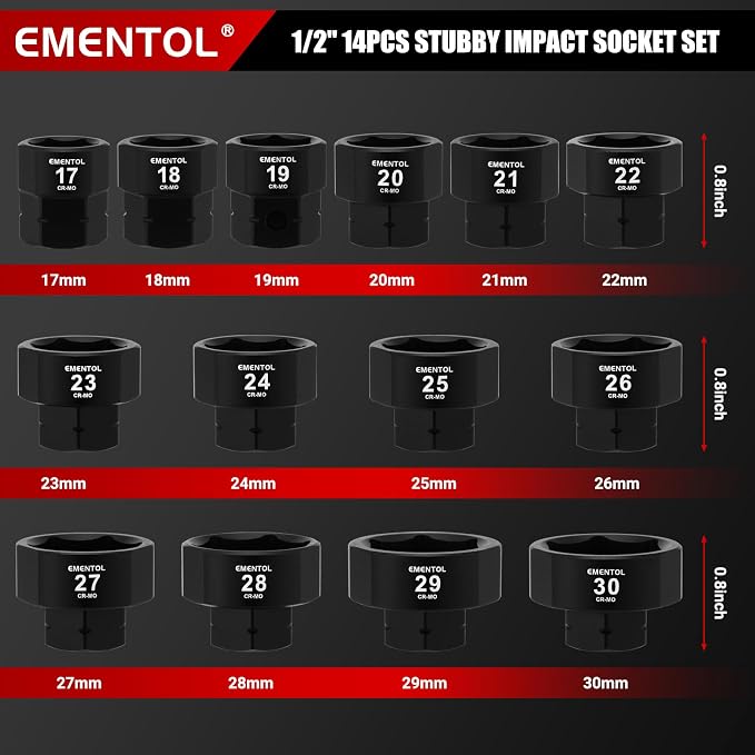 EMENTOL 1/2" Drive Low Profile Impact Socket Set, 14 Pieces Stubby Nano Sockets, CR-MO, Metric, 17mm -30mm