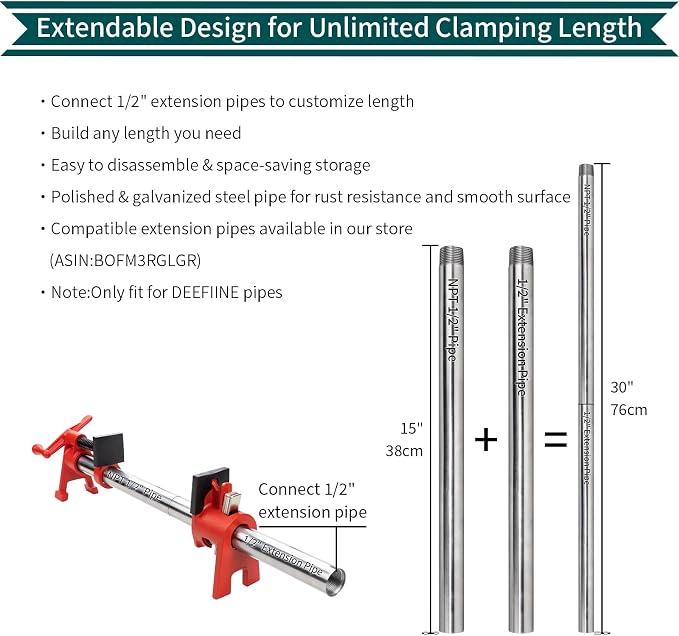 2-Pack 1/2"x24" Wood Gluing Pipe Clamp Fixture for Woodworking | 1/2" H-Style Heavy Duty Cast Iron Pipe Clamp Set with Extension Pipe for Cabinet Furniture Carpentry, 1100LBS Load Limit