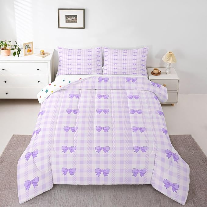 Feelyou Purple Bow Checkered Kids Comforter Set Queen Size Chic Grid Bowknot Bedding Set Girly Duvet Quilt for Kids Boys Girls Bedroom Decor Microfiber Ultra Soft Breathable