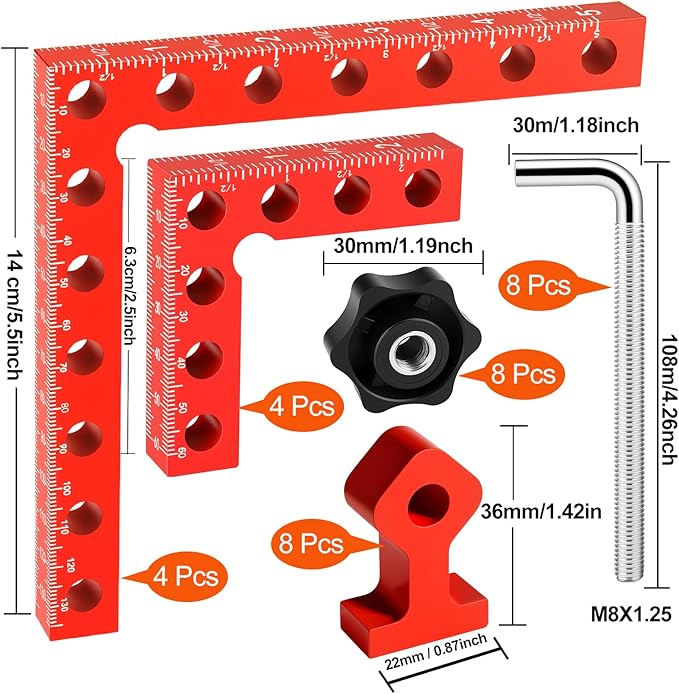 Corner Clamp for Woodworking, 90 Degree Right Angle Clamp, 8 Pack 5.5" & 2.5" Aluminum Alloy Positioning Squares for Cabinets & Picture Frames