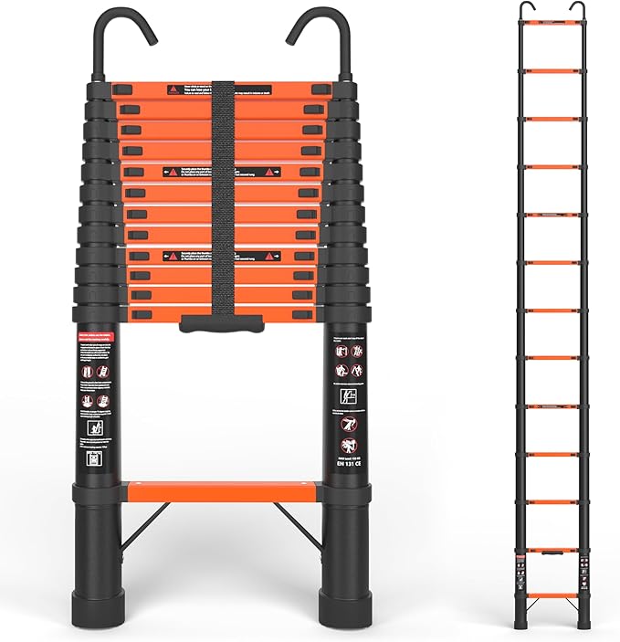 SINMEIRUN Telescoping Ladder, 12.5 FT, Hooks, Aluminum Extension Ladder, 330 lbs Capacity, Collapsible Multi-Purpose Ladder for Home, Roof and RV; Orange