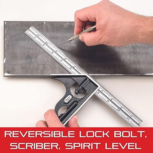Starrett Steel Combination Square with Square Head - 11-3/4" Blade Length, Cast Iron Heads, Hardened Steel, Reversible Lock Bolt, Scriber, 36 Graduation Type - C11MEH-300