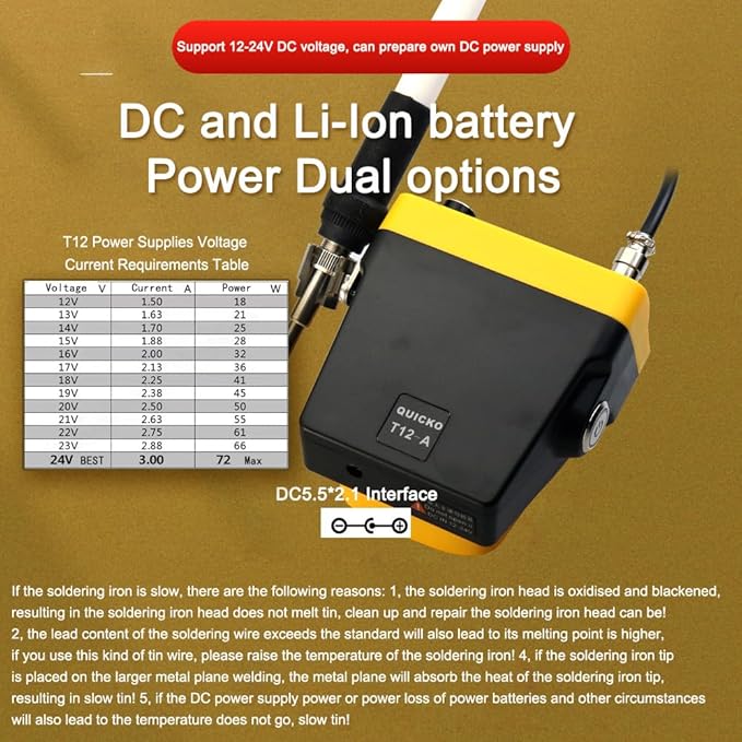Cordless Soldering Iron Station,QUICKO T12 Soldering Station Fit for Dewalt Battery 18/20V,Sleep Immediately,Injection Mold,°C/ºF Conversion,OLED (Battery Not Included) With 5pcs Solder Iron Tips