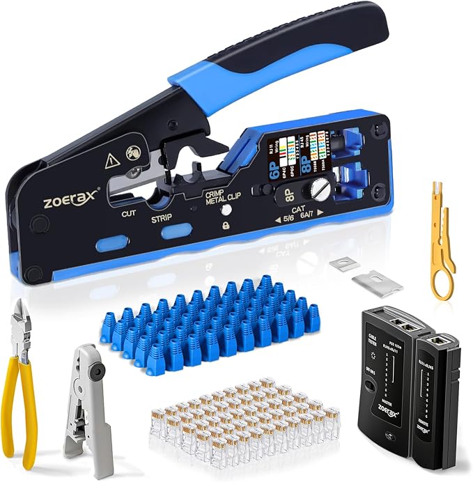 RJ45 Crimp Tool, Cat7 Cat6 Cat5 Crimping Tool Kit with Wire Cutter, Network Cable Tester, Mini Cable Stripper, 50xCat6 Connectors, 50xRJ45 Boots, Ethernet Crimper for Network Cable Installation