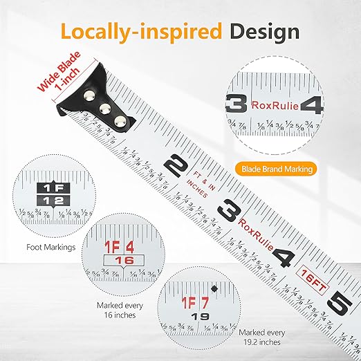Tape Measure with Fractions 1/8, Measuring Tape 16 FT, 1 Inch/25mm Wide Blade Measurement Tape, Easy Read, Small, Local Design with Fractional Read, Great for Around The House and Carpenter