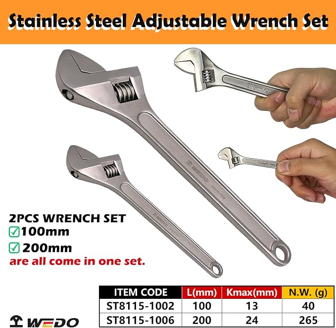 WEDO 2PCS Adjustable Wrench Set 4",8",Stainless Steel | Wide Jaw Spanner,Professional Spanner,Precision Jaws,Corrosion Resistant,For Automotive,Home and Plumbing Repairs