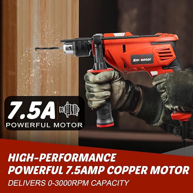 Enventor 7.5 Amp Hammer Drill, 1/2 Inch Electric Drill Hammer, 900W 0-3000RPM Variable Speed, 360° Auxiliary Handle, Lightweight Corded Hammer & Drill 2 in 1 Functions with 9pcs Bit for Metal, Wood
