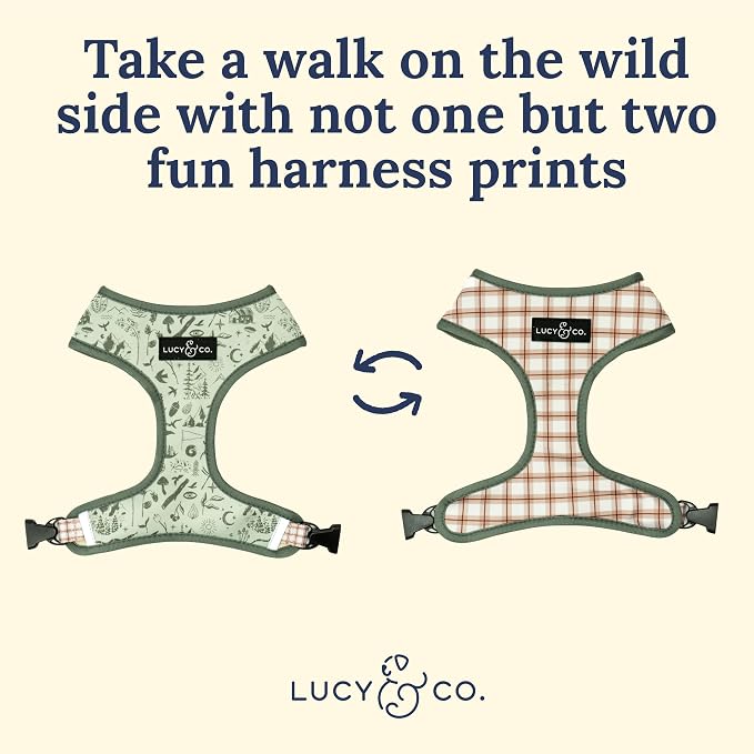 Lucy & Co. Reversible Dog Harness - Water-Repellent Neoprene, Dual-Print Design, Easy Swap Style, Adjustable Comfort Fit - Camp Out Reversible Harness - X-Large