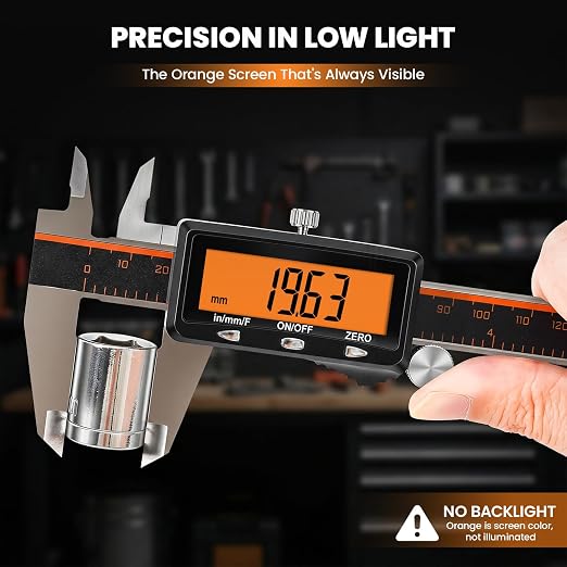 HARDELL Rechargeable Digital Caliper, 12 Inch Calipers with Large Orange Screen (No-Backlight), Auto-Off, Quick Change Button for Inch/MM/Fraction, Stainless Steel Vernier Caliper for Woodworking