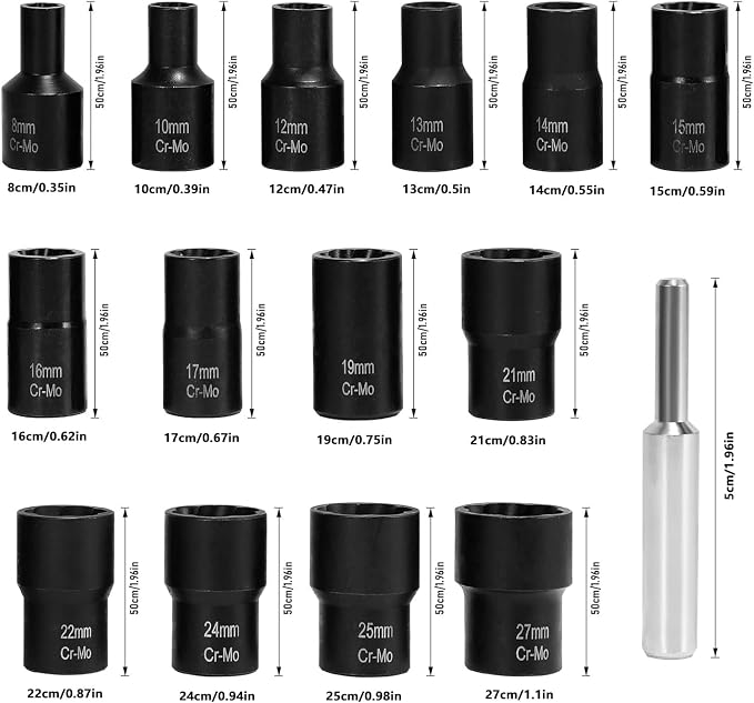 XEWEA 15PCS 1/2" Drive Lug Nut Extractor Set, Wheel Lock Removal Kit | Imapact Twist Socket Extractor Set, Cr-Mo Lug Nut Removal Tool for Removing Damaged, Frozen, Rusted, Rounded-Off Bolts, Nuts