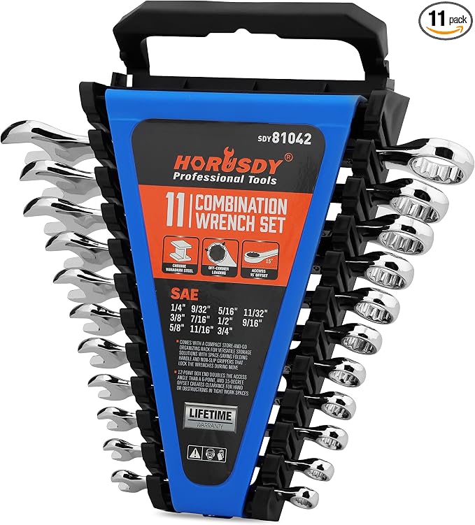 HORUSDY 11-Piece SAE Combination Wrench Set, 1/4''–3/4'' 12-Point Open End and Box End Wrench Kit with Organizer, Chrome Vanadium Steel Tools for Mechanics, Garages and Workshops