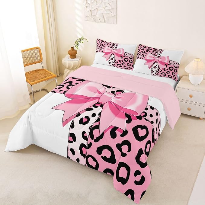 Feelyou Leopard Print Comforter Set Full Size Leopard Bow Bedding Set for Kids Boys Girls Animal Fur Duvet Quilt Bedroom Decor Microfiber 3 Pcs with 2 Pillow Cases