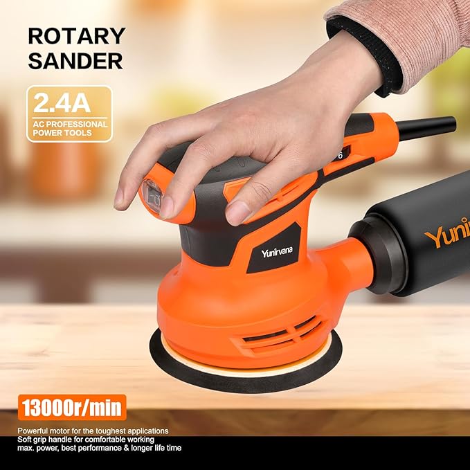 Yunirvana Orbital Sander,2.4Amp 13000 OPM Random-Orbit Sanders 6 Variable Speeds with 15Pcs Sanding Discs 125mm, Electric Sander with Dust Collector for Sanding and Polishing