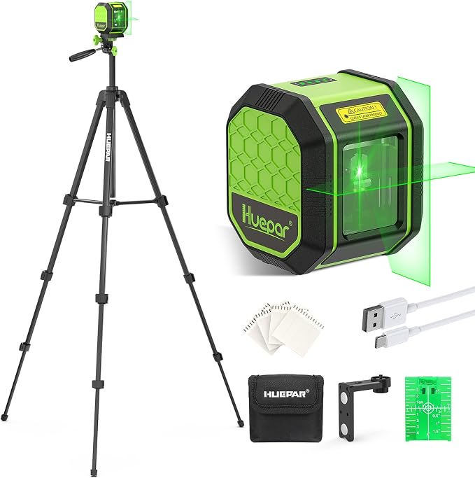 Laser Level with 60 Inch Tripod, Fathers Day Dad Gifts, Huepar 100Ft Self Leveling Laser Level Rechargeable Green Cross Line Lazer Leveler Tool for Picture Hanging, Magnetic Bracket & Target Plate