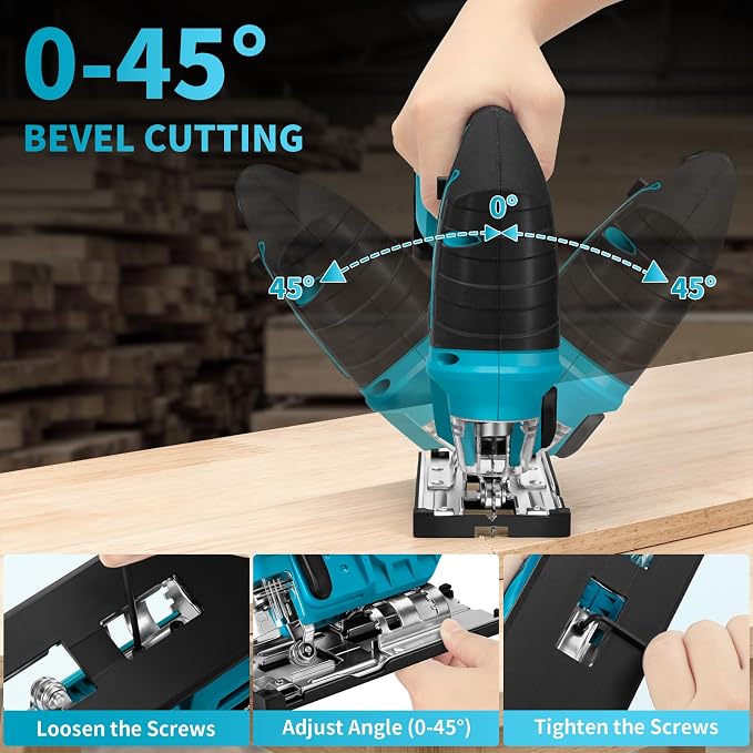 21V Cordless Jigsaw Tool, Electric Jig Saw with 2× 2.0Ah Batteries, 0°-45° Bevel Cuts, 4 Orbital Settings for Wood Cutting, 2800SPM Variable Speed, Mini Jigsaw for Straight/Curve/Circle Cutting (Blue)