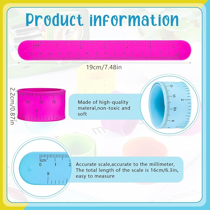 Deekin 48 Pcs Back to School Ruler Slap Bracelets Operation Items Bulk Ruler Snap Bracelets Colorful for Classroom with Scale Silicone for Kids Slap Wristbands with Scale Party Favor School Prize