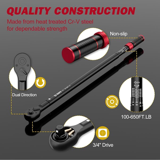 VANPO 3/4-inch Drive Click Torque Wrench, 100-650Ft-Lb/135.5-880.8Nm, | Industrial Adjustable Torque Wrench Set with a Hex Key for Oil Rigs, Trucks & Off-Road Equipment