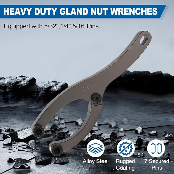 LLU 8.3-inches Heavy Spanner Wrench with Handle, Adjustable Gland Nut Wrench for Removing Hydraulic Cylinder Glands Under 5 Inches, Includes 5/32", 1/4", 5/16" Pins, Gloves, and Towel