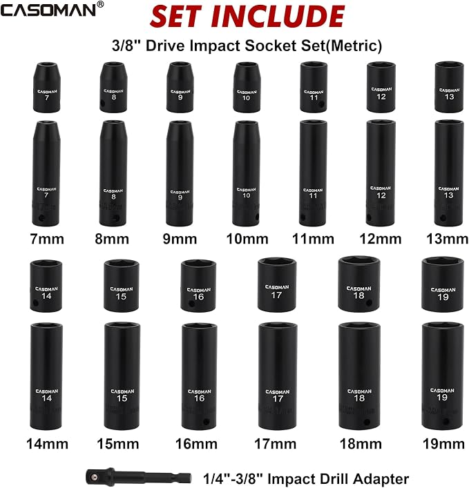 CASOMAN 27 Pieces 3/8-Inch Drive Impact Socket Set, Deep & Shallow, Metric (7mm - 19mm), 6 Point, CR-V Steel