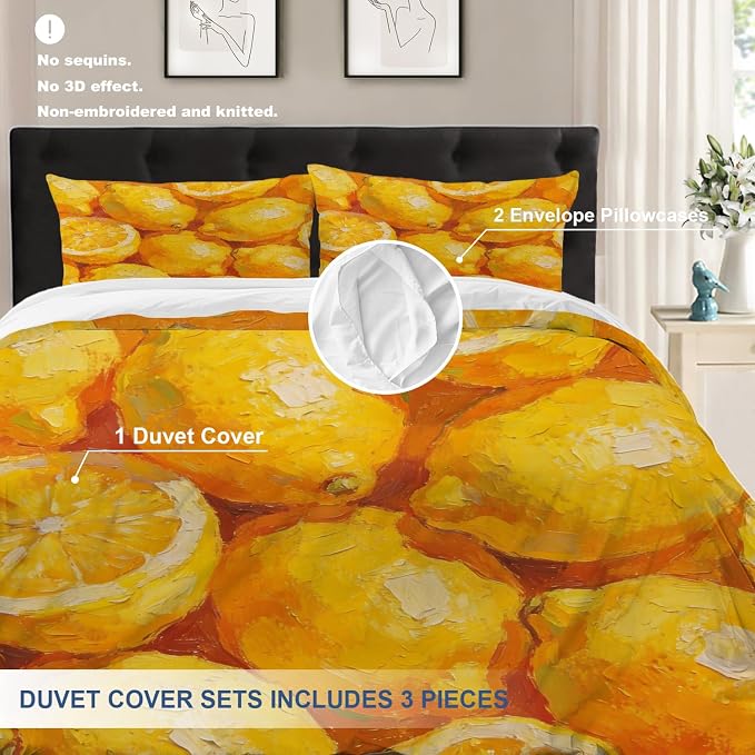 Batmerry Lemons Citrus Fruit Full Size 100% Cotton Duvet Cover Sets, Vibrant Lemon Oil Painting Bedding Set with Zipper Closure Corner Ties, 3 Pieces (1 Cover + 2 Pillowcases No Comforter)