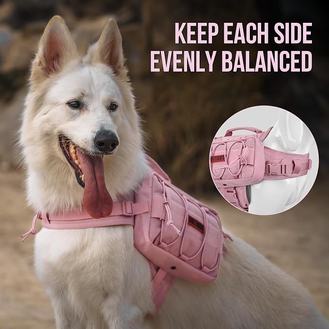ONETIGRIS Dog Backpack for Medium & Large Dogs, Nylon Backpack for Dogs Tactical Pet Backpack with Side Pockets for Hiking Walking Training Running (Pink, Medium)