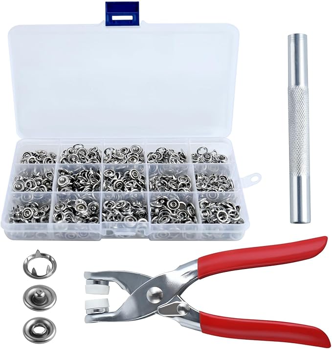 LEONTOOL Grommet Eyelet Pliers Kit 200 Sets Fabric Snaps Clothing Snaps Fasteners Kit 10mm Metal Snaps Buttons with Fastener Pliers Press Tool and Storage Box for Fabric Leather Belt Shoes Clothes
