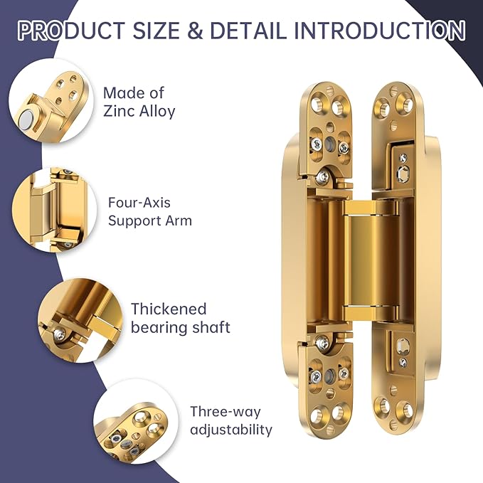 6" 2 pcs Hidden Hinges for Doors Invisible Hinges Concealed Zinc Alloy 180 Degree Swing 3 Way Adjustable Butt Silent Door Hinge 6 x 2.5 x 1 inch (Gold)