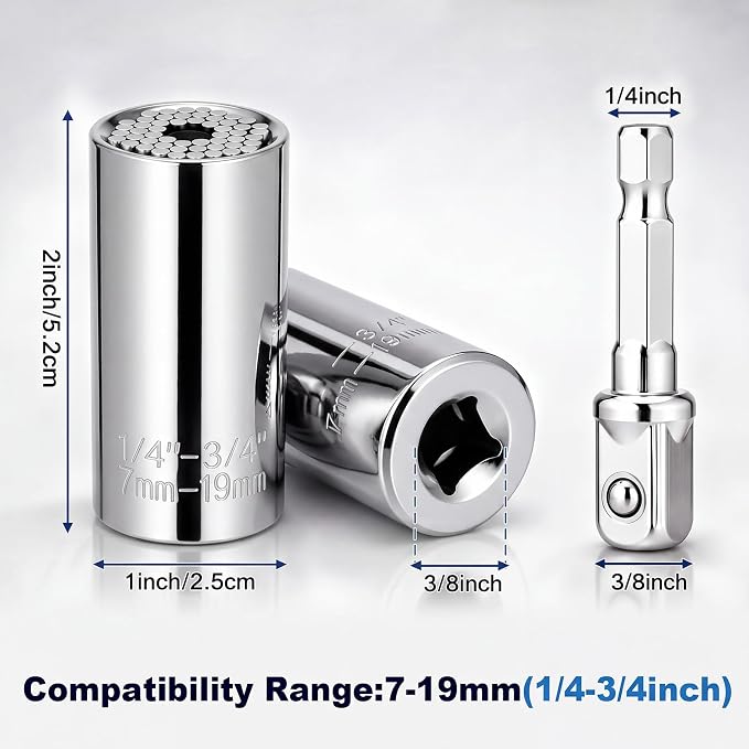 12 Pack Universal Socket, 7-19mm Adjustable Wrench with Power Drill Adapter, Self Adjusting Socket Fits Standard Metric Nuts Bolts Hooks Eye Screws for Auto Repair (Silver)